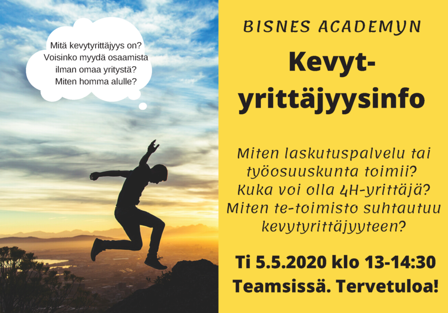 Bisnes Academyn Kevytyrittäjyysinfo ti 5.5. klo 13.00-14.30