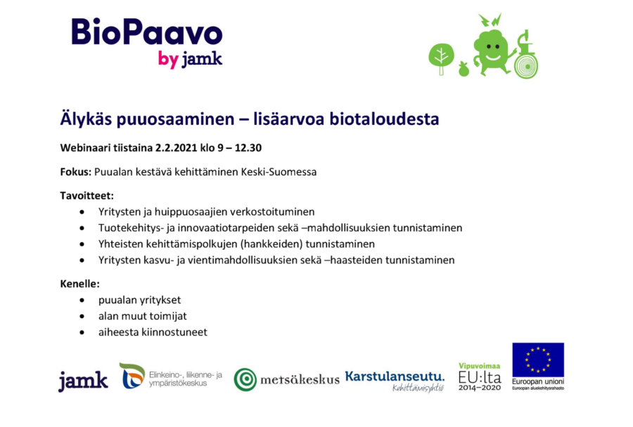 Älykäs puuosaaminen – lisäarvoa biotaloudesta -webinaari ti 2.2.2021 klo 9-12.30